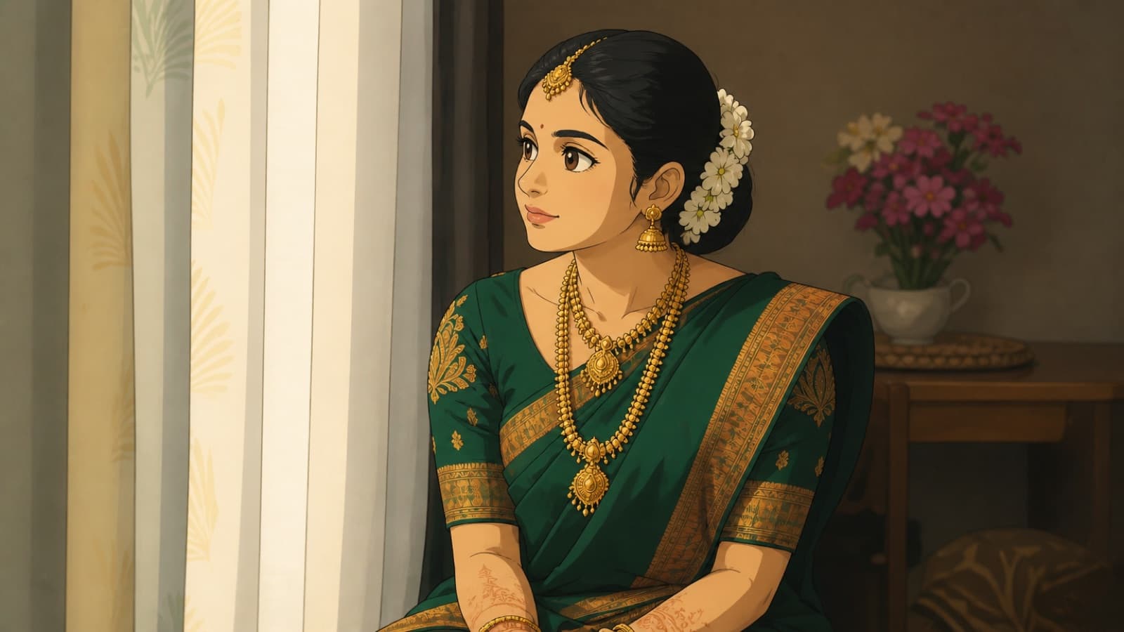 A bride waiting by a window before her wedding, rendered as an anime film still