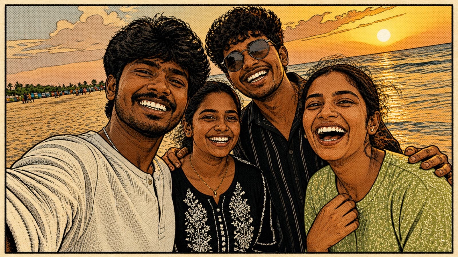 Friends on a Chennai beach at sunset, rendered as an inked comic book panel