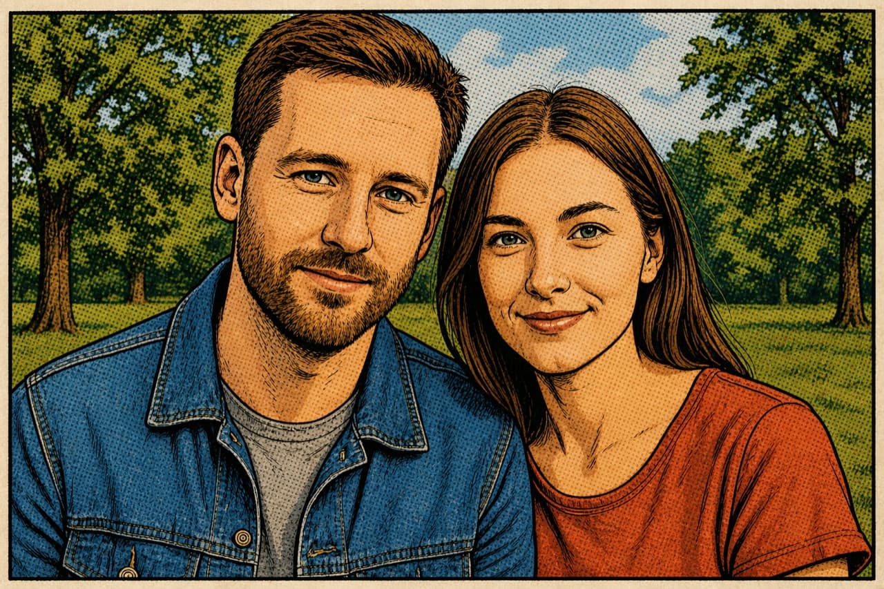 The same photograph of a couple rendered in the Comic Book style